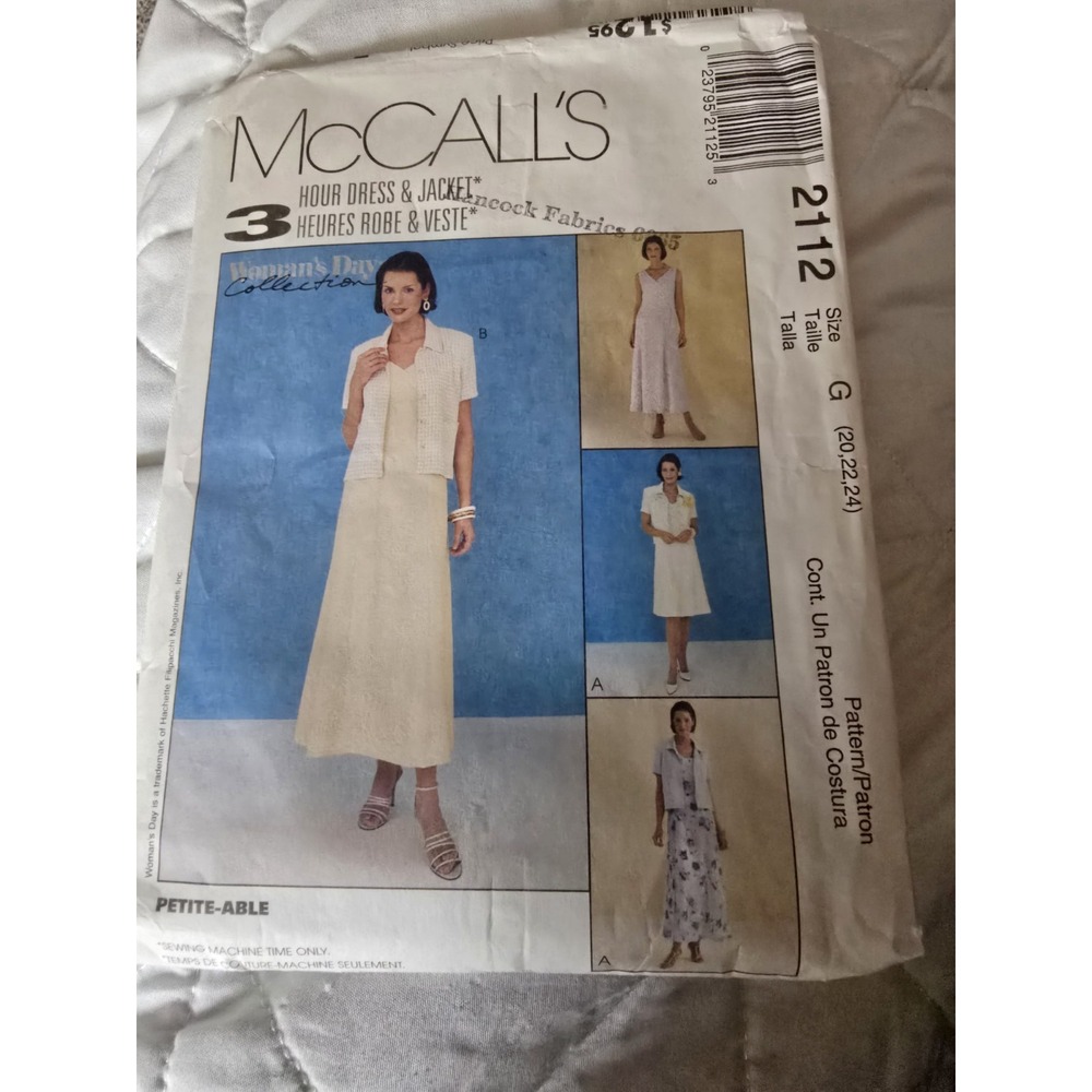 Mccalls Three Hour Dress Jacket 2112 Uncut Size 20, 22, 24